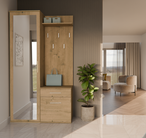 Garderoba do przedpokoju dąb artisan DOMINO 100 cm z lustrem i wieszakami na ubrania jako funkcjonalny mebel do korytarza.