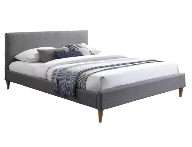 Łóżko dwuosobowe 160x200 szare z wysokim zagłówkiem i stabilną podstawą w stylu minimalistycznym.