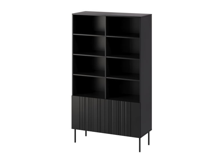 nowoczesny regał czarny do salonu, matowe wykończenie, ryflowany front mdf, stabilna konstrukcja na metalowych nóżkach