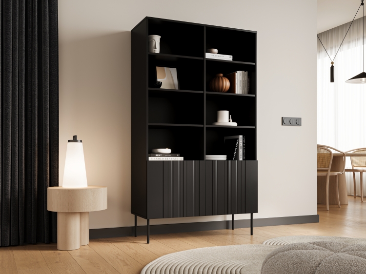 regał na książki w kolorze czarny mat, minimalistyczna forma, system push to open, elegancki mebel do wnętrz dziennych