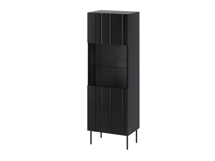 witryna czarna isla ryflowana, witryna szklana do salonu, stojąca czarny mat, metalowe nóżki, nowoczesny design