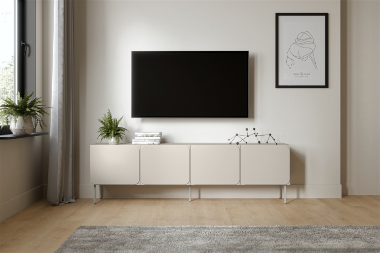 Szafka RTV beżowa o eleganckiej bryle do nowoczesnego salonu.