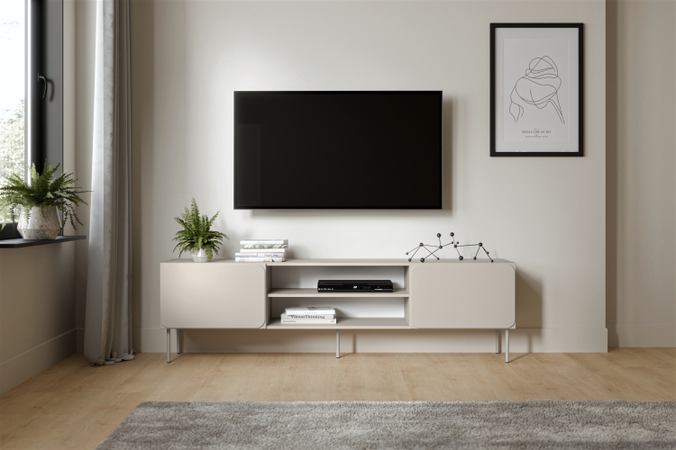 Nowoczesna szafka RTV kaszmirowa z systemem Push to Open.