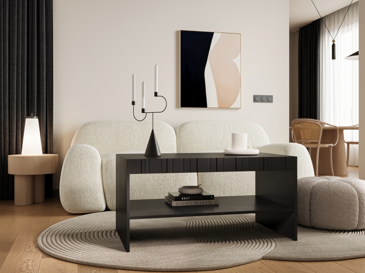 stolik do salonu isla czarny mat, minimalistyczna forma, półka pod blatem, frezowane listwy i nowoczesny design
