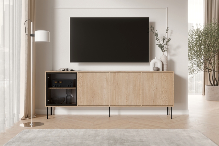 komoda loftowa na metalowych nozkach z naturalnym rysunkiem drewna