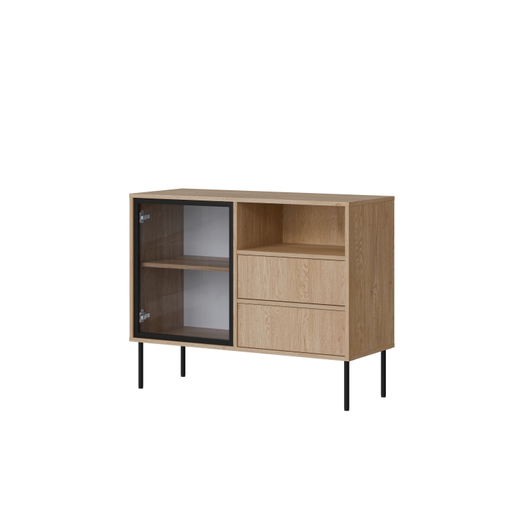 komoda z szufladami w jasnym dekorze dab cremona na czarnych nozkach