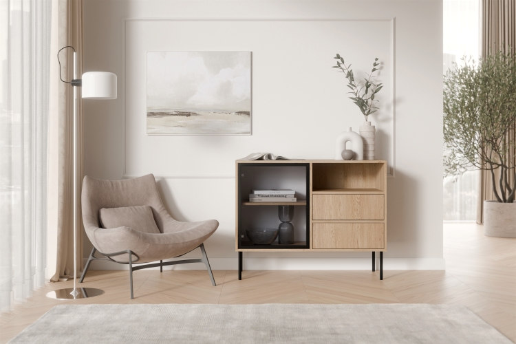 komoda debowa z aluminiowa ramka i naturalnym rysunkiem drewna