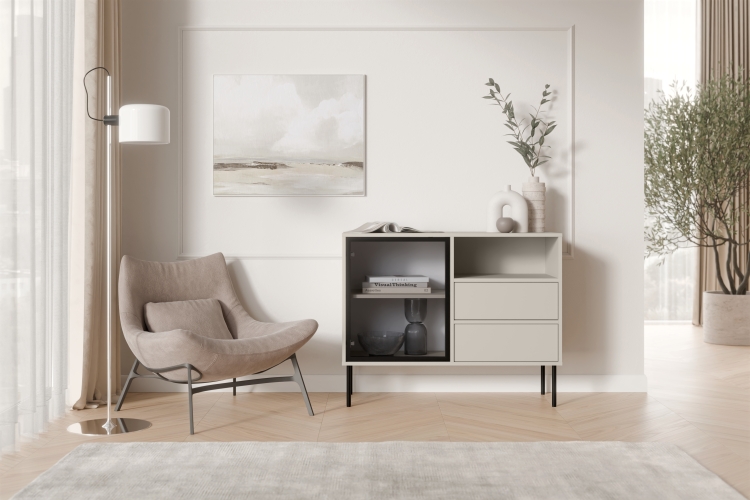 komoda kaszmir domi 1d2s z gładkimi frontami bez uchwytów na czarnych regulowanych nóżkach do wnętrza premium