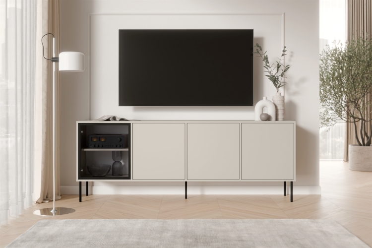 komoda kaszmirowa domi 4d o szerokiej formie z minimalistycznymi frontami do jasnego wnętrza