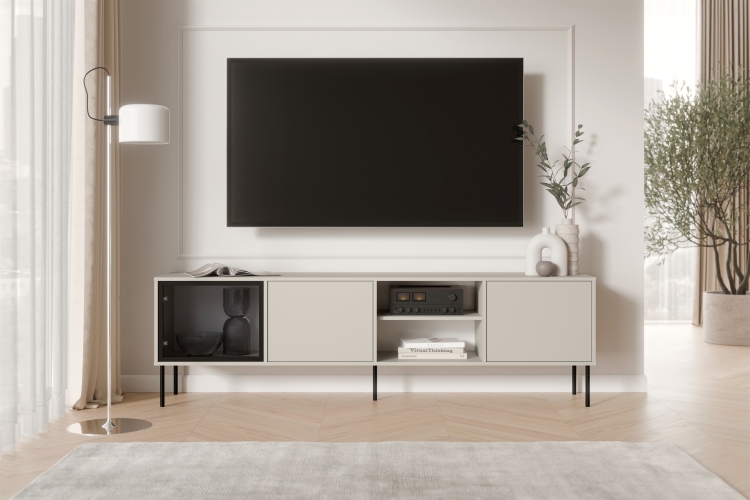 Szafka RTV kaszmir DOMI 3D 200 cm na czarnych metalowych nogach.