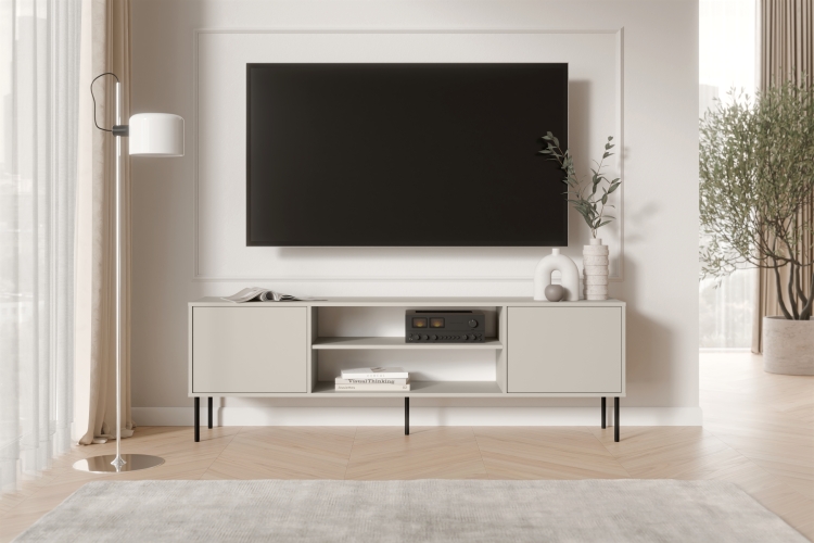 Nowoczesna szafka RTV kaszmirowa z dwiema klapami.