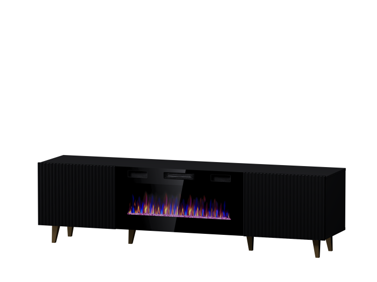 Szafka RTV ryflowana z kominkiem elektrycznym w salonie.