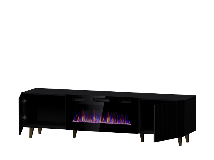 Szafka RTV z kominkiem elektrycznym PAFOS 180 cm w nowoczesnym salonie.