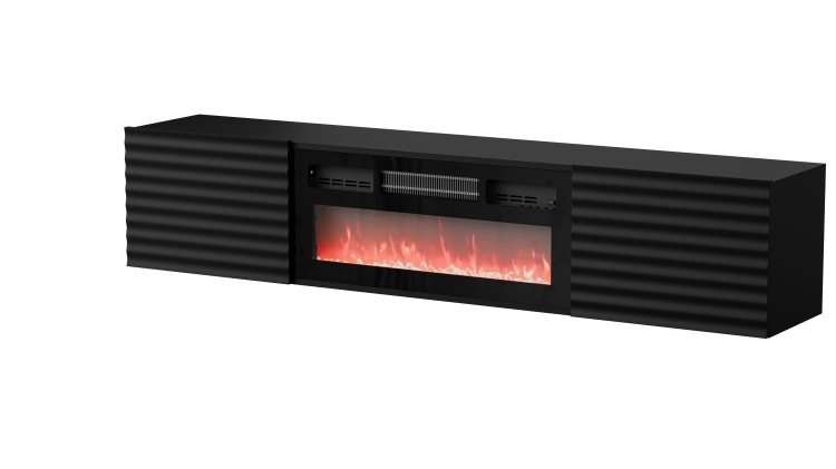 szafka rtv czarna tula z kominkiem elektrycznym i frezowanymi frontami