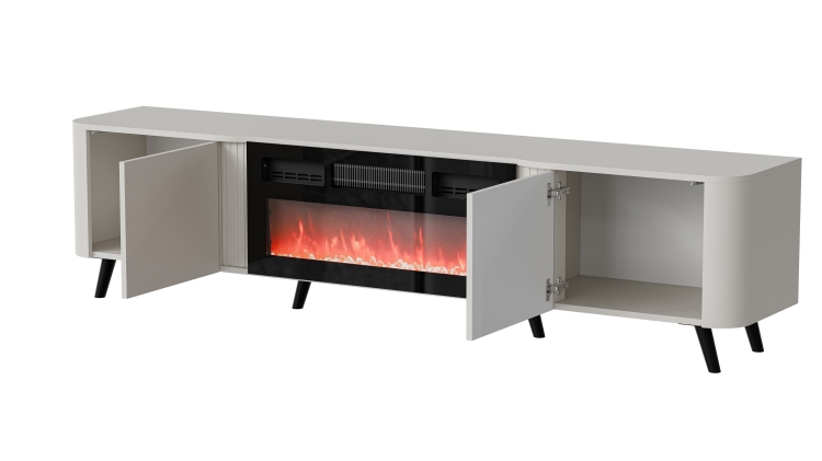 Szafka RTV z kominkiem VOLARE w jasnym, kaszmirowym wykończeniu.