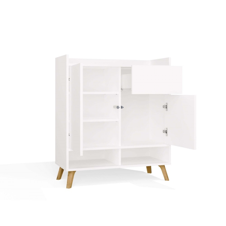 Wnętrze komody Białej COLINA – półki, szuflada na prowadnicach i otwarte przestrzenie w kolorze biały mat.