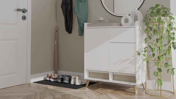 Komoda Biała COLINA w nowoczesnym wnętrzu – biały mat, nóżki dąb artisan i elegancki design.