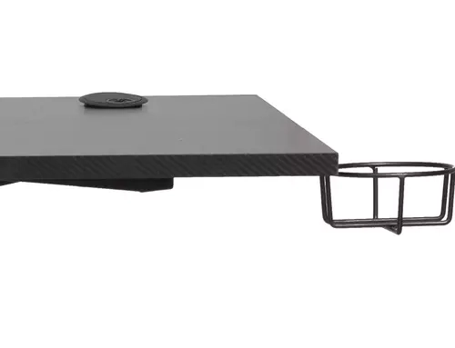 Biurko narożne B-219 czarne z funkcjonalnym uchwytem na kubek, idealne do biura lub pokoju gamingowego.