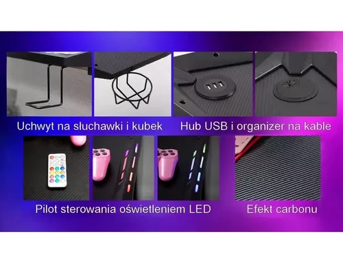 Biurko gamingowe B-216 z portami USB i uchwytami na akcesoria, łączące nowoczesny wygląd z wysoką funkcjonalnością.