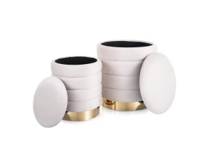 Zestaw puf BRITTA w stylu glamour w kolorze jasny beż, z pojemnikami i złotym detalem, elegancki dodatek do wnętrza.