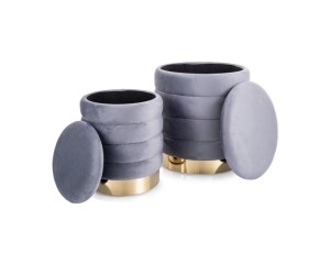 Zestaw puf BRITTA w stylu glamour w kolorze szarym, z pojemnikami i złotym detalem, stylowy i funkcjonalny element wyposażenia.