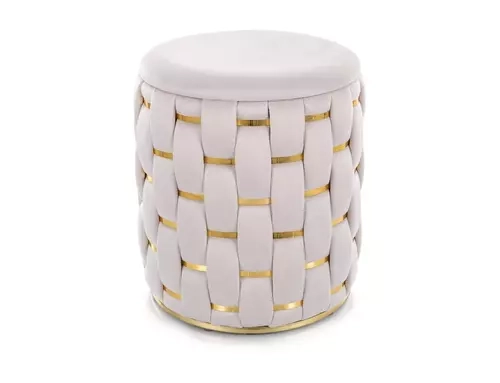 Pufa TIARA w aranżacji salonu – aksamitna pufa z pojemnikiem i złotymi przeplotami w kolorze beżowym