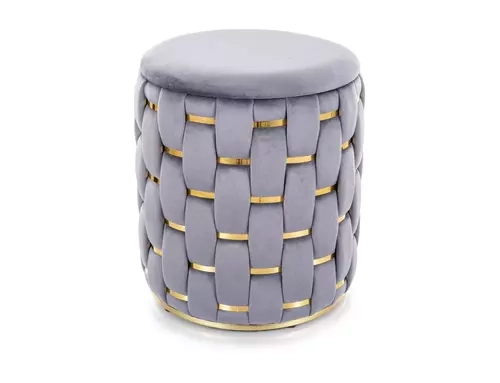 Pufa TIARA aksamitna szara ze złotą wstawką – elegancka pufa do siedzenia z pojemnikiem