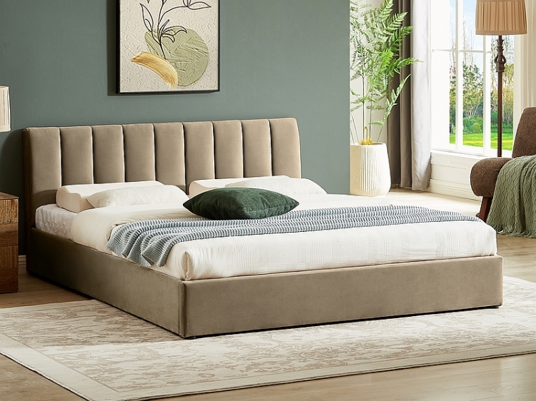 Łóżko tapicerowane MONTREAL beżowe z pojemnikiem i pikowanym zagłówkiem – elegancka sypialnia