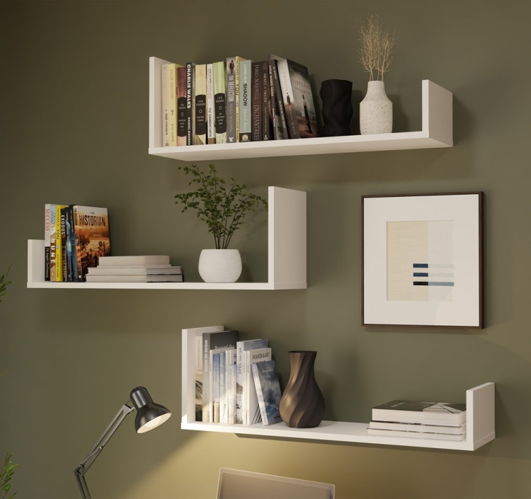 Białe półki wiszące KORA z bocznymi ściankami do przechowywania książek i dekoracji