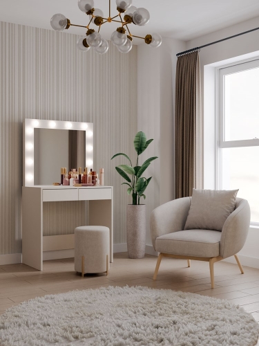 Toaletka z lustrem SYDNEY w kolorze kaszmir z oświetleniem LED, elegancka i funkcjonalna, idealna do sypialni lub garderoby.
