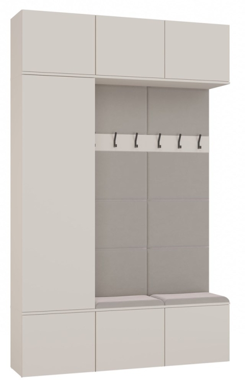 Garderoba do przedpokoju AGA III kaszmir z tapicerowanym siedziskiem, wieszakiem i szafą, w nowoczesnym stylu.