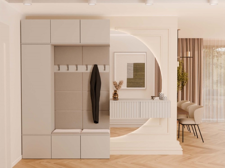 Garderoba AGA III kaszmir z pojemną szafą i otwartymi półkami, idealna do utrzymania porządku w przedpokoju.