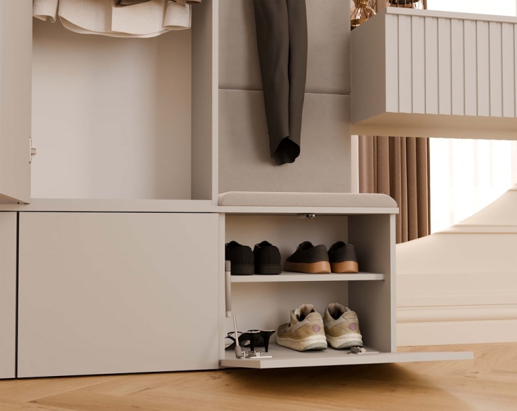 AGA III garderoba kaszmir z wygodnym tapicerowanym siedziskiem i wieszakiem na odzież wierzchnią.