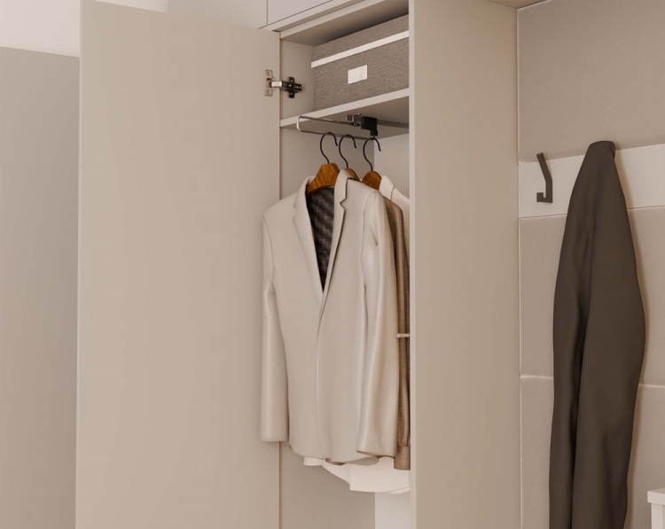 Garderoba do przedpokoju AGA III w kolorze kaszmir z funkcjonalnym układem szafy i półek.