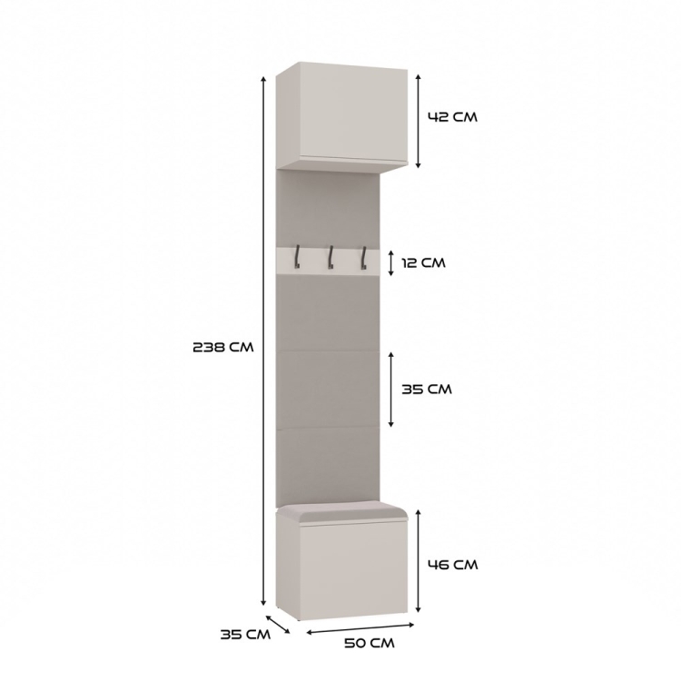 Garderoba do przedpokoju AGA  kaszmir z szafą, wieszakiem i miękkim siedziskiem, funkcjonalna i stylowa.