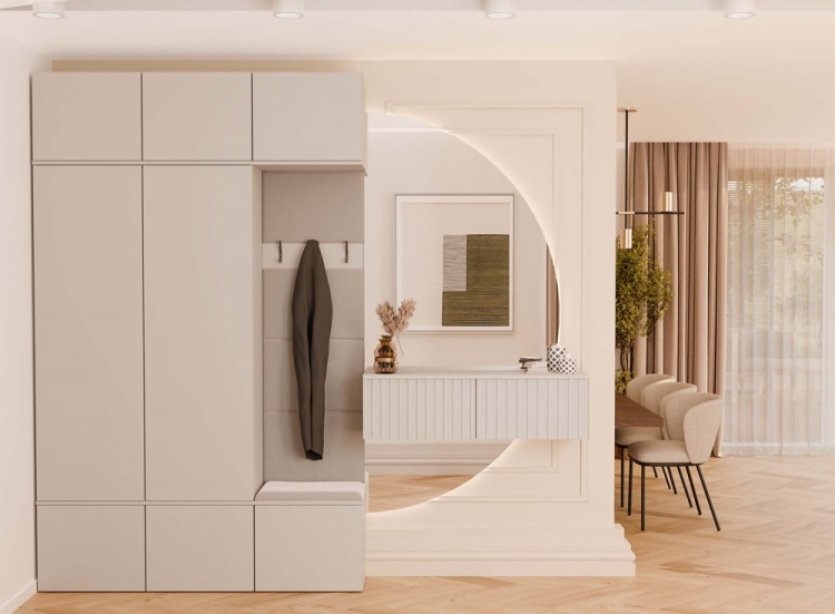 Garderoba z szafkami i siedziskiem w kolorze kaszmir mat AGA IV