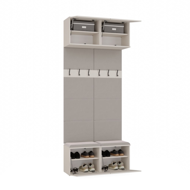 Garderoba AGA V kaszmir z tapicerowanymi siedziskami, górnymi szafkami i czarnymi haczykami