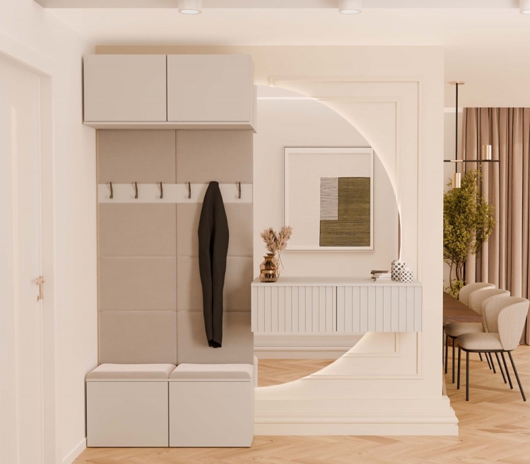 Nowoczesna garderoba z dwoma panelami wieszakowymi i szafkami w kolorze kaszmir AGA V