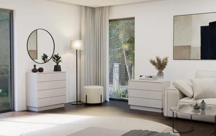 Beżowa komoda do sypialni z czterema szufladami ATENA kaszmir