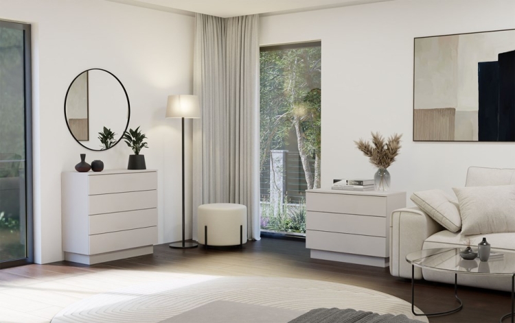 Komoda z szufladami ATENA 3S kaszmir – nowoczesna beżowa komoda laminowana