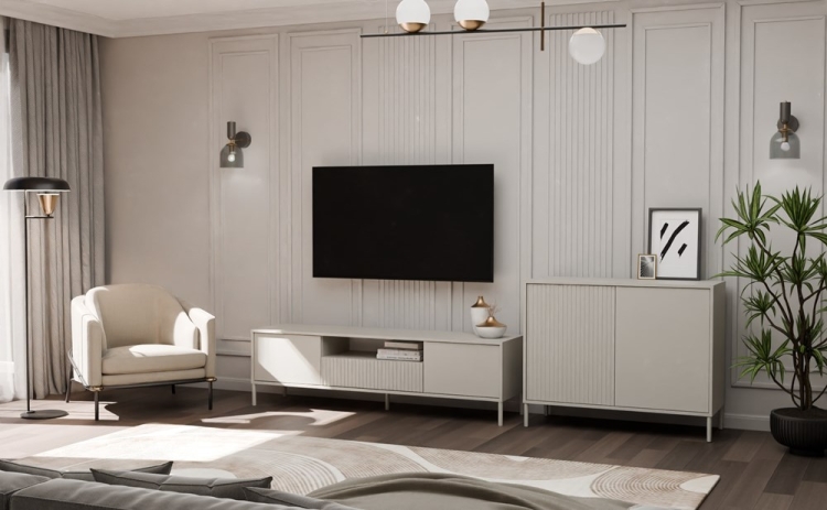 Komoda ryflowana CHARLOTTE kaszmir – elegancka komoda beżowa do sypialni