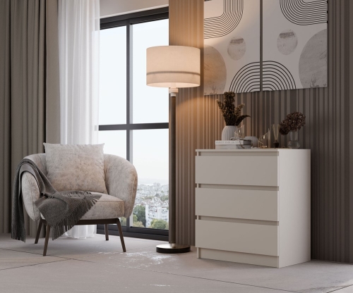 Beżowa komoda z trzema szufladami do sypialni i przedpokoju.