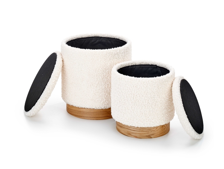 Zestaw dwóch puf CANCUN – naturalne pufy z pojemnikiem z tkaniny bouclé