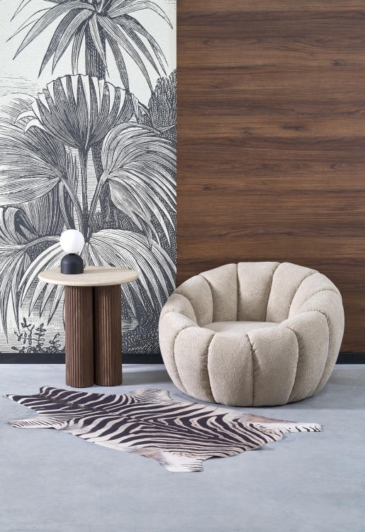 Fotel do salonu GASPAR beżowy z tkaniny bouclé w stylu glamour, elegancki i wygodny, idealny do nowoczesnych wnętrz.