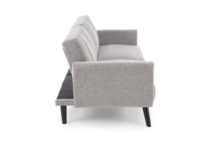 Szara sofa LARIX rozkładana, zapewniająca wygodę siedzenia i spania, w uniwersalnym stylu.