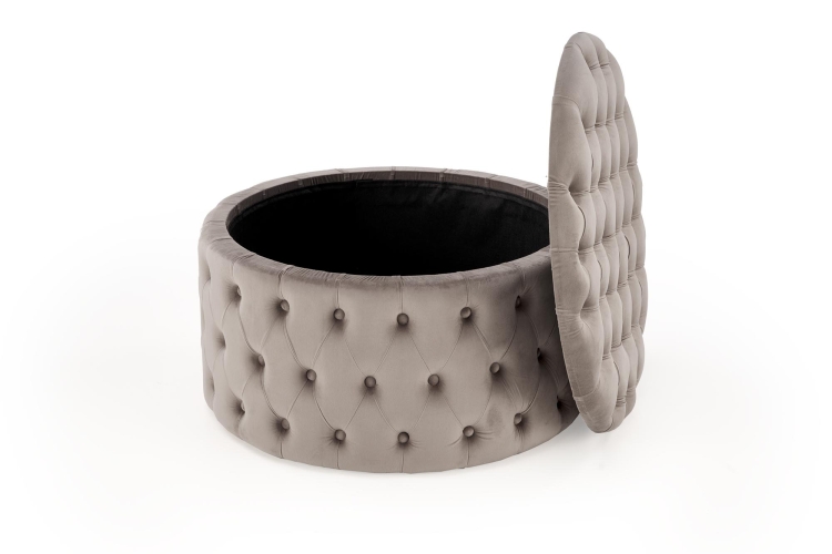 Pufa NUNEZ szara pikowana w stylu glamour ze schowkiem, elegancka i praktyczna ozdoba wnętrza.