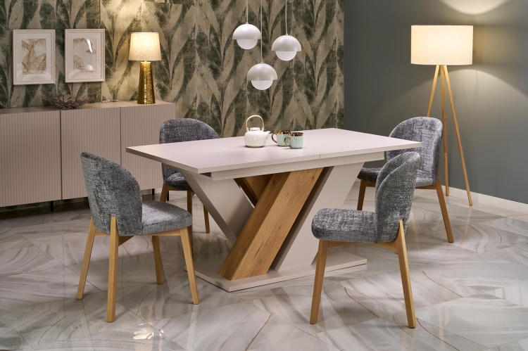 stół rozkładany BRANDON w kolorze kaszmir i dąb Cremona, nowoczesny i elegancki, idealny do stylowych wnętrz