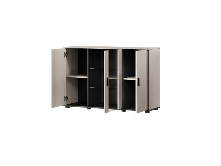 komoda beżowa soho s7 na nowoczesnym korpusie kaszmir z czarnymi detalami i półkami szklanymi