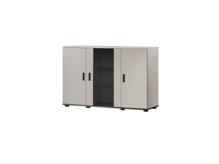 komoda kaszmir soho s7 beżowa z czarnymi uchwytami i szklanymi półkami led do nowoczesnego wnętrza