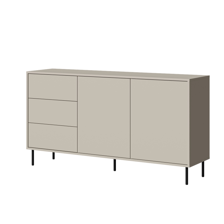 komoda beżowa masha 150 z trzema szufladami i szafkami na czarnych nogach do eleganckiego nowoczesnego salonu